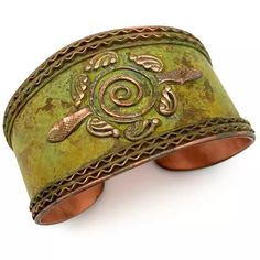 Anju Ornate Shapes and Center Spiral Green Copper Patina Cuff - HER Home Design Boutique Luxury Patina Cuff Jewelry, Luxury Green Patina Cuff Bracelet, Copper Patina, Green Copper, Leaf Shapes, Cuff Bracelet, Home Design, Cuff Bracelets, Patina