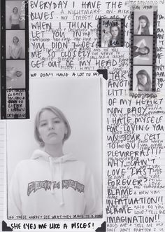 an altered photograph of a woman's face surrounded by words and pictures on paper