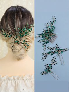 Green  Collar  Iron   Embellished   Wedding & Event Dark Teal Weddings, Green Wedding Hair, Forest Green Wedding, Crystal Bridal Headpiece, Long Live The Queen, Hair Tricks, Floral Hair Pieces, Bridal Headwear, Hoco Hairstyles