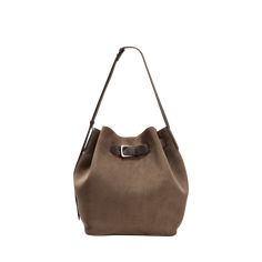 Brunello Cucinelli bucket bag in soft velour leather  Adjustable shoulder strap Open top with adjustable buckle strap  Approx. 12.2"H x 10.2"W x 6.7"D Made in Italy Chic Suede Bucket Bag With Removable Pouch, Elegant Suede Bucket Bag Tote, Formal Bucket Hobo Bag With Adjustable Strap, Classic Suede Shoulder Bag With Palladium Hardware, Suede Bags With Silver-tone Hardware For Everyday Use, Everyday Suede Shoulder Bag With Silver-tone Hardware, Everyday Suede Bags With Silver-tone Hardware, Luxury Suede Bucket Bag For Everyday, Luxury Everyday Suede Bucket Bag