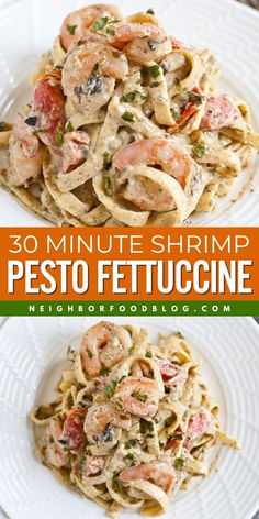 You're going to love this simple pasta recipe with a creamy pesto sauce! While this Shrimp Pesto Fettuccine is a quick 30-minute meal, it tastes positively extravagant. Put this shrimp pesto pasta on your rotation of weeknight dinners for family! Pesto Shrimp Pasta, Dinners For Family, Simple Pasta Recipe, 30 Minute Meals Healthy, Creamy Pesto Sauce, Pesto Shrimp, Best Pasta Dishes, 30 Minute Meals Easy