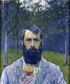 a painting of a man with a beard holding an apple in front of his face