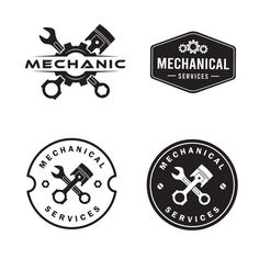 four different logos for mechanic services, including wrens and other things in black and white