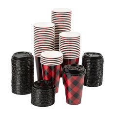 a pile of black and red plaid paper cups