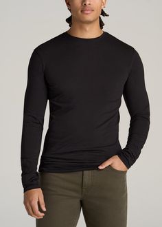 American-Tall-Men-Original-Essentials-SLIM-FIT-Long-Sleeve-T-Shirt-Black-front Black Slim Fit Crew Neck T-shirt, Classic Slim Fit Crew Neck Top, Solid Slim Fit Crew Neck T-shirt, Classic Crew Neck Slim Fit Top, Black Slim Fit Crew Neck Tops, Tall Men, Men Wear, Extra Long Sleeves, Long Sleeve Tee Shirts