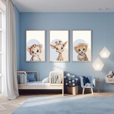 three pictures of baby animals hanging on the wall in a child's room with blue walls