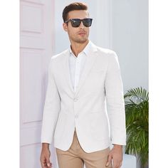 This linen suit made of hight quality cotton linen fabric, which is lightweight, breathable, soft and durable. Professional suit fabric and exquisite tailoring keeps this blazer sharp. This casual sport coat with notch lapel, regular fit, two button closure, left chest real pocket, two real side pockets, inside a real pocket, light shoulder pad. Finished by excellent stitching, this sport coat blazer has a linen texture specially designed for western men, will really make you minimalistic, elega Spring Linen Business Blazer, Spring Linen Blazer With Flat Front, Spring Linen Flat Front Blazer, Modern Linen Blazer For Business Casual, Summer Single Button Business Casual Blazer, Summer Business Casual Single Button Blazer, Summer Business Casual Single-button Blazer, Summer Business Blazer With Suit Collar, Tailored Linen Blazer