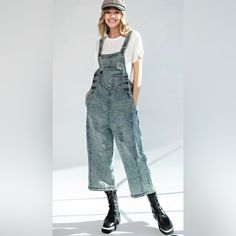 A Beautiful Vintage - Distressed Blue Denim Overalls In An Oversize/ Slouchy Design , Sooo Prettty But Unfortunately This Fit Way Too Big For Me. Medium Size, The Difference Between Small Is About 2 1/2 Inches , Just For Your Reference. Length Is About 43 Inches And About 21 Or 21 1/4 Width By The Waist. Rise From Front Of The Overalls Is About 24 Inches. Leg Width About 16 Inches. Other Measurements Are Included As Well You Can See The Photos, For Your Reference. This Is A Size Medium But Would Blue Washed Denim Jumpsuit For Fall, Distressed Denim Jumpsuit In Dark Wash, Fall Medium Wash Distressed Denim Jumpsuit, Distressed Denim Blue Jumpsuit, Distressed Denim Jumpsuit In Denim Blue, Trendy Blue Distressed Denim Jumpsuit, White Lace Jumpsuit, Leather Overalls, Blue Denim Overalls