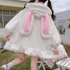 Kawaii Aesthetic Fuzzy White Bunny Ear Zipper Hoodie - White Harajuku Clothes, Bunny Hoodie, Oversized Fashion, Harajuku Sweatshirt, Winter Girl, Winter Girls