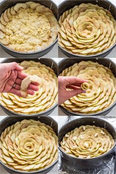 the process of making apple pies is shown in several pictures, including one being sliced into