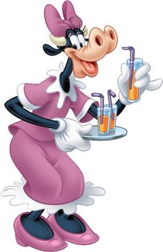 the minnie mouse is holding a tray with some drinks