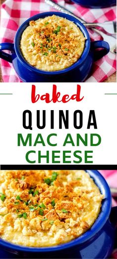 baked quinoa macaroni and cheese in a blue bowl on a checkered tablecloth