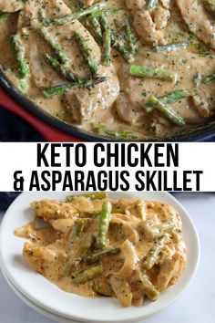 chicken and asparagus skillet with text overlay