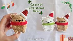 crochet christmas bear and polar bear ornament with santa hat on top