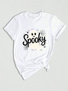 Embrace the spooky season with our fun Halloween shirt featuring a stylish skeleton graphic tee perfect for Halloween parties or just to show off your spooky vibes. This Stay Spooky Shirt is a must-have for anyone looking to add a retro Halloween touch to their wardrobe, making it a trendy and festive choice for the season. Get into the Halloween spirit with our Shirt and dance the night away in style with this Halloween Skeleton shirt. 2. Made with high-quality materials, this Skeleton Shirt is Casual Skull Print T-shirt For Halloween, White Halloween Letter Print Top, Spooky Halloween T-shirt With Graphic Print, Spooky Crew Neck Shirt With Letter Print, Trendy Halloween Short Sleeve T-shirt, White Halloween Shirt With Letter Print, Spooky Short Sleeve Shirt With Letter Print, Halloween Skull Print Graphic Tee Shirt, Halloween Skull Print Short Sleeve Shirt