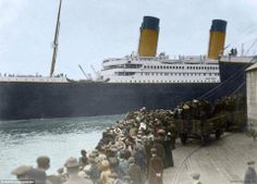 an old photo of a large ship in the water with people standing on it's side