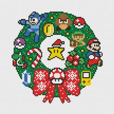 a cross stitched christmas wreath with mario and friends around the letter c on it