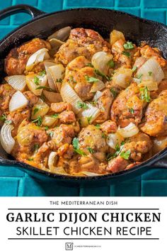 garlic dijon chicken skillet recipe in a cast iron skillet with text overlay