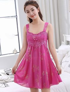 Color: Rose Red, Size: XL Lace Bows, Satin Slip, Lace Flowers, White Summer, Flower Fashion, Silk Satin, Pajamas Women, Nightwear, Night Gown