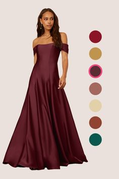 a woman in a long maroon dress with off the shoulder straps and color swatches