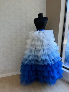 Ombre Tulle Skirt, Blue Floor-length Gown With Ruffles, Blue Tulle Party Maxi Skirt, Party Blue Tulle Maxi Skirt, Blue Tulle Dresses With Ruffled Skirt, Blue Tulle Dress With Ruffled Skirt, Blue Tulle Maxi Skirt For Party, Blue Long Tulle Skirt, Blue Full Skirt Dress For Wedding