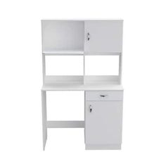 a white desk with two drawers and a cabinet on the bottom shelf next to it