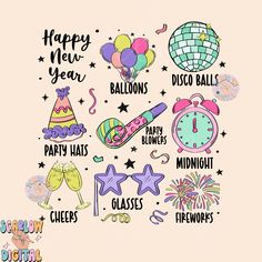 the new year's party items are drawn in different styles and colors, including balloons,