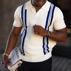 Men's Golf Shirt Striped Graphic Prints V Neck Blue Outdoor Casual Short Sleeves Stripe Clothing Apparel Designer Vintage 2023 - US $23.99 Knit Polo Sweater, Polo Shirt Outfits, Black Men Fashion Casual, Green Polo Shirts, Golf Wear, Knit Polo, Polo Sweater, Black Men Fashion, Summer Black