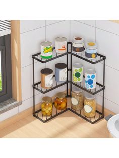 the corner shelf is filled with various containers and food on it's sides,