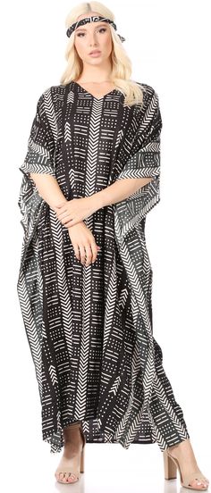 OS Fits Approximate Dress Size: US 0-26W, UK 30-56 , EU 4-30. Max bust size: 66 inches (168 cm), Length 45 inches (114 cm). Comes with matching scarf, 100% Rayon. MAXI/CAFTAN/COVER-UP/DRESS Mera, a beautiful one of a kind loose and colorful caftan! Comes with short sleeves and a flattering neckline. Made with soft lovely colorful material, finished with African and Many different prints. Great as swimwear cover-up, ideal for casual wear. Makes for a great garment to wear in summer and traveling.