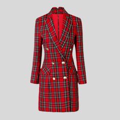 Introducing our stylish and trendy Red Plaid Blazer Dress for Women! This fashion-forward dress combines the classic charm of plaid with the sophistication of a blazer. Made with high-quality materials, this dress offers comfort and durability. With its non-stretch elasticity, this dress ensures a flattering and slim fit. The regular sleeve style adds a touch of elegance, making it suitable for various occasions. The eye-catching plaid pattern adds a bold and fashionable statement to your wardrobe. The straight silhouette and above knee length create a modern and chic look. The notched neckline adds a subtle detail, while the double-breasted closure and button decoration enhance the dress's overall appeal. Whether you're attending a formal event or going for a casual yet stylish look, this Elegant Fitted Plaid Party Dress, Elegant Double-breasted Plaid Blazer, Elegant Fitted Plaid Dress, Elegant Plaid Semi-formal Blazer, Elegant Plaid Blazer For Semi-formal Occasions, Elegant Double-breasted Plaid Outerwear, Red Blazer Dress For Formal Fall Events, Red Blazer Dress For Formal Fall Occasions, Elegant Plaid Formal Dress