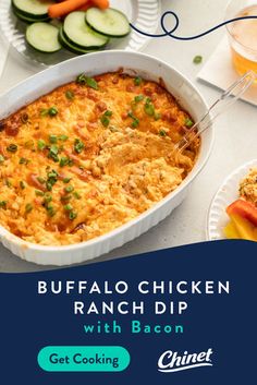 the buffalo chicken ranch dip with bacon is ready to be eaten and served on plates