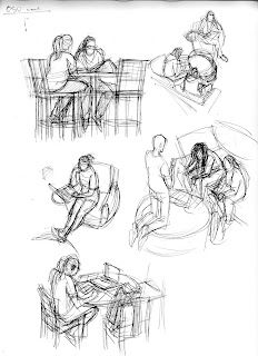 sketches of people sitting at tables and talking