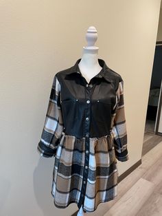 jacket is polyester faux leather and heavy cotton Flannel. There are side pockets in flannel portion of jacket. size of jacket is labeled large but fits like small or medium   measurements : bust 34 in length from collar to bottom 33 inches. sleeve is 18 1/2 inches from  shoulder seam to cuff.  please take your measurements to ensure fit. Flannel Ideas, Womens Jackets, Flannel Jacket, Cotton Flannel, Heavy Cotton, Faux Leather, Jackets & Coats, Jackets For Women, Plaid