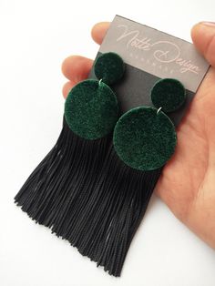 Light emerald green velvet earrings with high quality black fabric fringe. Very light earrings, only 3g. Emerald green earrings that can be combined with different styles of clothing. Made with love by handmade artist Ance. Earrings come with a gift box. Creation within 3 days from the date of the order. Green Tassel Earrings For Party, Elegant Green Dangle Tassel Earrings, Green Fringe Tassel Earrings For Party, Trendy Green Dangle Tassel Earrings, Trendy Green Tassel Dangle Earrings, Elegant Green Tassel Earrings With Fringe, Green Drop Tassel Earrings For Party, Green Tassel Drop Earrings For Party, Handmade Green Tassel Earrings For Party