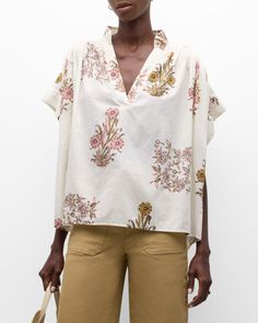 Vanessa Bruno "Cory" floralprint blouse in cotton voile    Approx. 24"L from shoulders to hem    V neckline    Short sleeves    Ruched back yoke    Boxy fit    Pullover style    Cotton    Unlined    Machine wash    Imported Vanessa Bruno, Cotton Voile, V Neckline, Pullover Styling, Printed Cotton, Shirt Designs, Tops Designs, Floral Prints, Short Sleeves