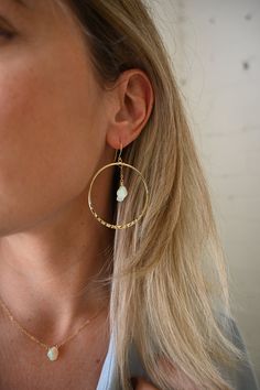 "Timeless, beautiful, feminine earrings you can literally wear with anything. The dainty opals shine and flash in the light! Wear these from day to elevate your everyday look and into the night for that feminine, powerful touch. Opal is the stone of the Spirit, amplifying your aura and all chakras. ▲ Opal gemstones ▲ 2\" gold plated hammered hoops ▲ Weight: 1/4 oz ▲ Handmade in Arizona Love hoop earrings as much as we do? Shop them all here! https://etsy.me/3txKbEn ✦ O R D E R - P R O C E S S I Round Brass Pearl Earrings, Nickel-free Small Hoop Earrings For Wedding, Delicate Hypoallergenic Hoop Jewelry, Nickel Free Small Hoop Earrings For Weddings, Delicate Small Hoop Earrings With Ear Wire, Delicate Round Single Earring, Delicate Single Round Earring, Delicate Adjustable Dangle Hoop Earrings, Brass Hoop Earrings For Wedding