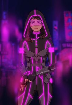 a woman in a futuristic suit with neon lights