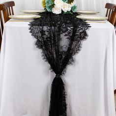 PRICES MAY VARY. Lace Table Runner Black Imported Lace Table Runner Black Wedding Table Runners ❤Lace Table Runner: 1pc 30x120 inch black lace table runner. The classy rose lace table runner 120 inches long is perfect for wedding decorations. ❤Lace Table Cloth Runner: Vintage floral lace table runner made of high quality and soft touch lace, rectangular nylon lace table cloth runner featuring elegant floral patterns and scalloped edges with perfect fashionable eyelash lace. ❤DRESS UP YOUR DINNER Black Wedding Table, Lace Table Cloth, Gothic Wedding Theme, Eyelash Lace Dress, Elegant Wedding Party, Table Cloth Runner, Thanksgiving Table Runner, Lace Table Runner, Lace Runner