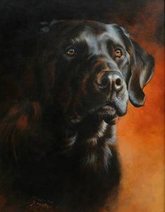 a painting of a black dog with orange eyes