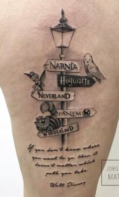 the back of a woman's thigh with many different things on it, including birds and