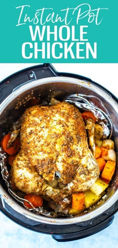 the instant pot whole chicken is ready to be cooked in the slow cooker with carrots and potatoes