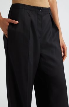 Bold pleats add structure to the wide-leg silhouette of these long trousers tailored from a wool-kissed blend textured with herringbone jacquard. 31" inseam; 20" leg opening; 11 1/2" front rise; 15 1/2" back rise (size 36) Button fly; back elastic waist Side-seam pockets; back button-welt pocket 74% viscose, 26% wool Dry clean Imported Designer Clothing Formal Black Wool Wide Leg Pants, Formal Wide-leg Dress Pants With Structured Boning, Formal Wide Leg Dress Pants With Structured Boning, Formal Wool Wide Leg Pants, Elegant Pleated Full-length Dress Pants, Elegant Full Length Pleated Dress Pants, Formal Wool Wide-leg Pants, Elegant Tailored Wide Leg Pants With Pleats, Classic Full-length Pleated Wide Leg Pants