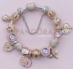 Silver And Rose Gold Pandora Bracelet, Pandora Bracelet Theme, Pandora Bracelet Charms Ideas, Charm Bracelets For Girls, Girly Bracelets, Pandora Bracelet Designs, Pandora Jewelry Charms, Pretty Jewelry Necklaces, Wrist Jewelry