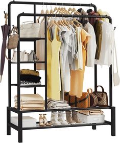 a rack with clothes and shoes on it