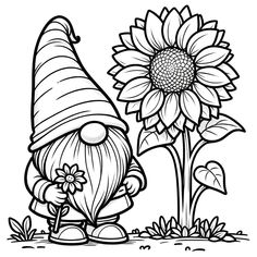 a sunflower with a gnome sitting next to it and the flower is blooming