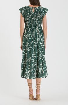 A linear print boosts the whimsical appeal of a midi-length dress shaped by a smocked bodice and delicate fluttering sleeves. 50" length (size Small) Back keyhole with button closure 80% rayon, 20% nylon Hand wash, line dry Imported Dress Shapes, Midi Length Dress, Hunter Green, Midi Length, Nordstrom Rack, Smocking, Bodice, Midi Dress, Nordstrom