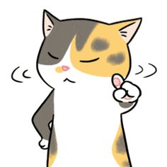 a cartoon cat with its eyes closed and pointing at something in the air while standing on one leg