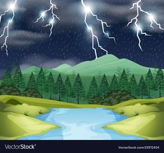 a night scene with rain and lightning in the sky over a river or lake illustration