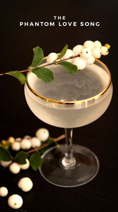 the phanon love song cocktail is garnished with white berries and green leaves